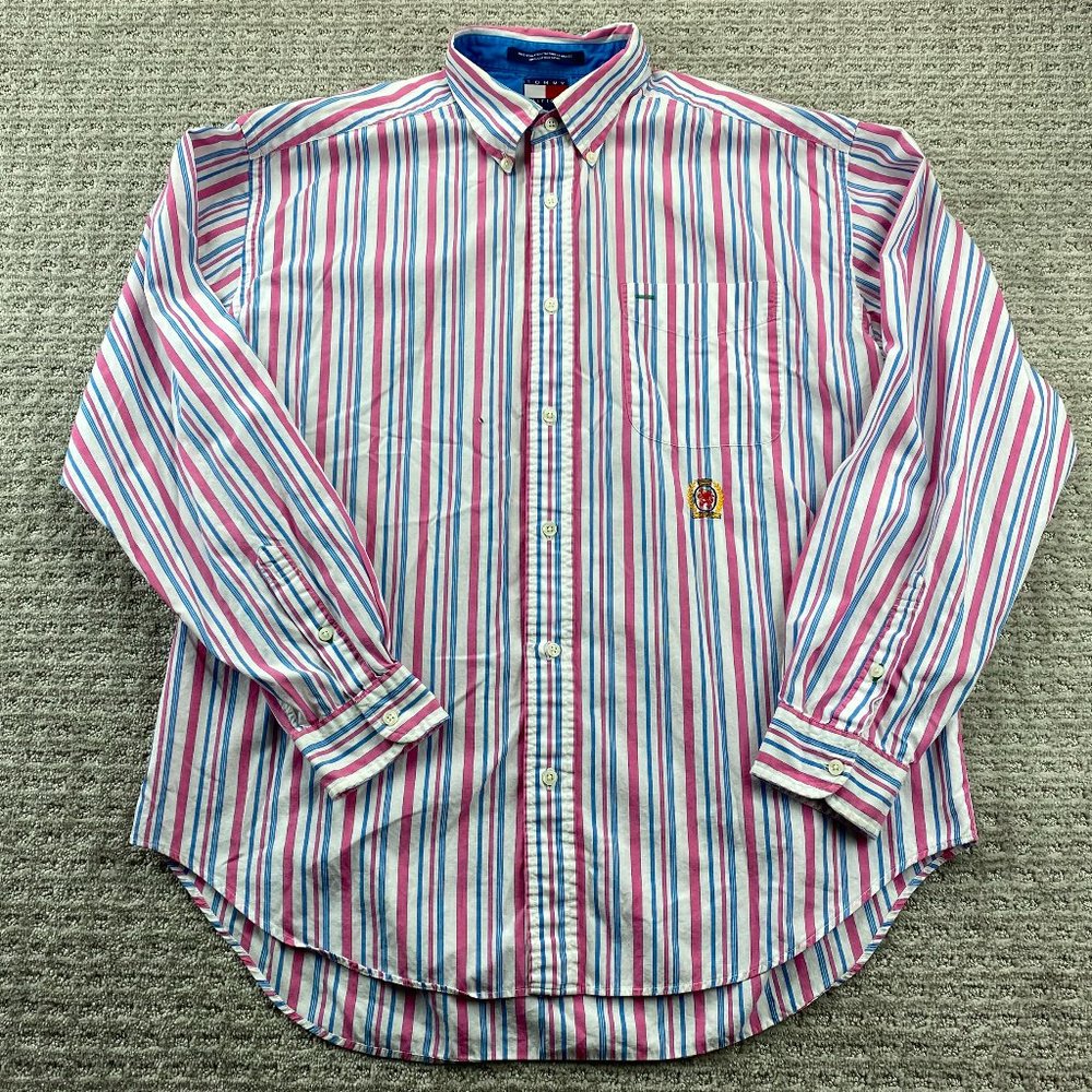 Vintage 90s Tommy Hilfiger Shirt Adult Large L Pink White Stripe Button Up Men